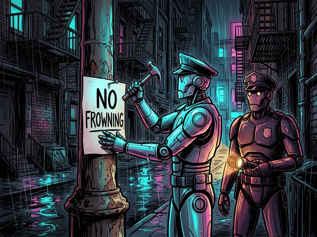 Robot police officers nailing a new notice to a lamppost at night, the notice reads 'NO FROWNING'