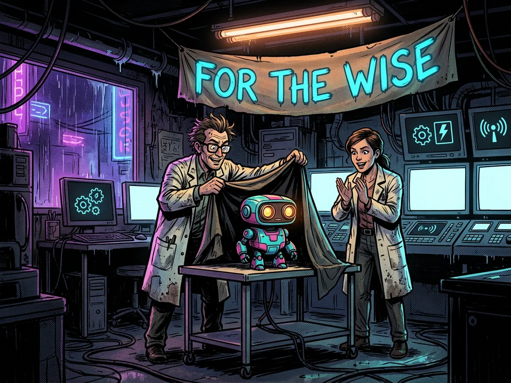 Scientists in lab coats proudly unveiling a small cute helper robot under a hanging banner reading 'FOR THE WISE'