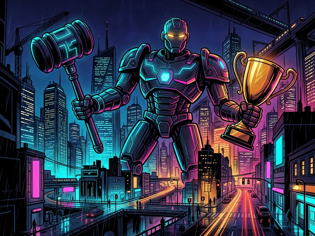 The same robot now giant, gavel in one hand, trophy in the other