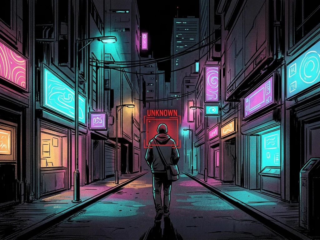 An empty neon city street at night, a single lone pedestrian framed by a red face-recognition box labeled 'UNKNOWN'