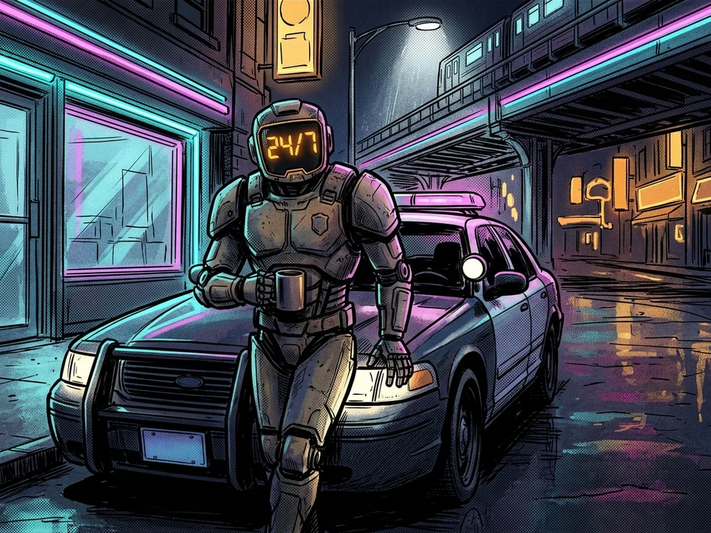 Robot patrol at 3 a.m., empty coffee mug prop, visor '24/7'