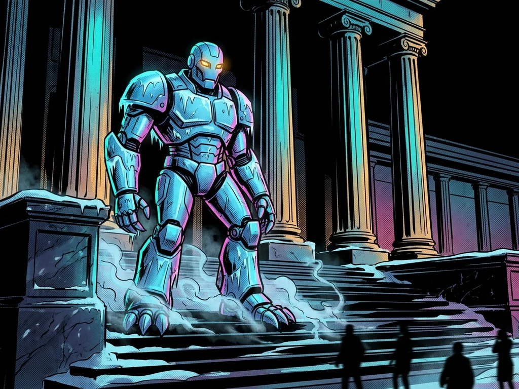 Ice-blue robot sentinel on frosted courthouse steps