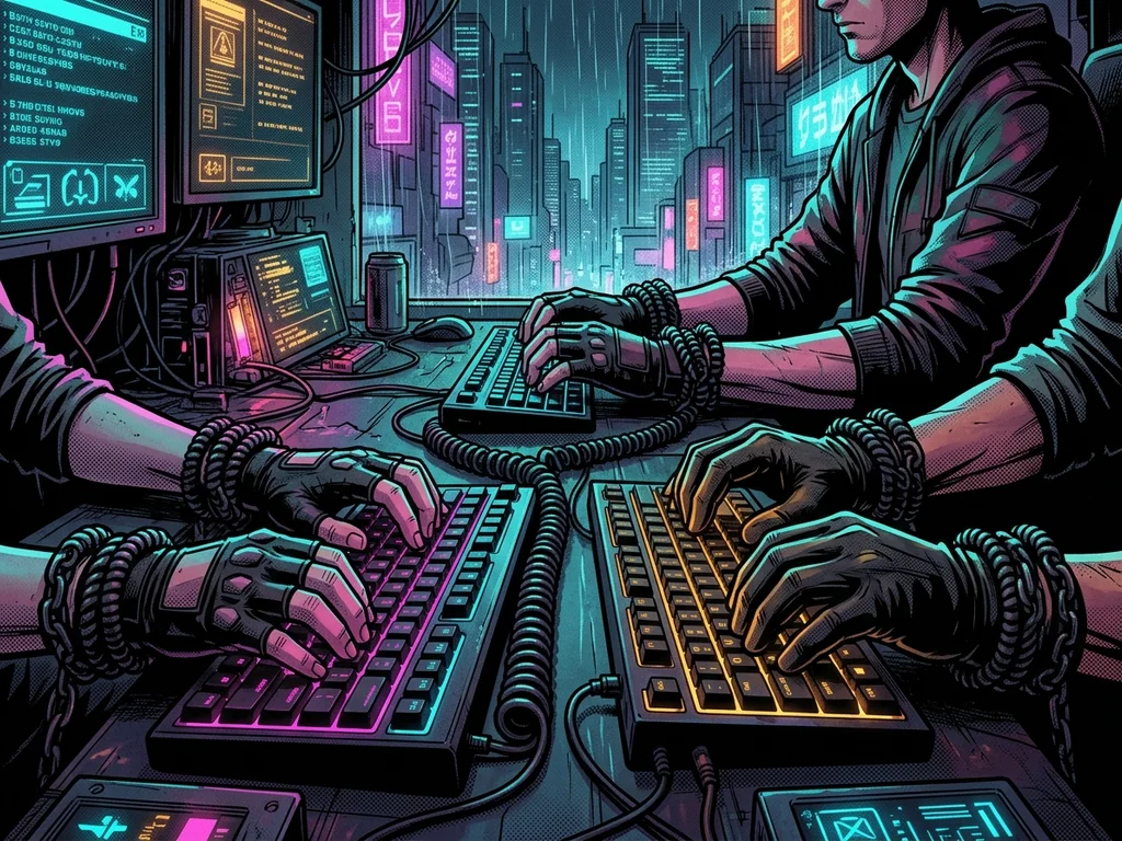 Keyboard cables wrapping typists' wrists like chains