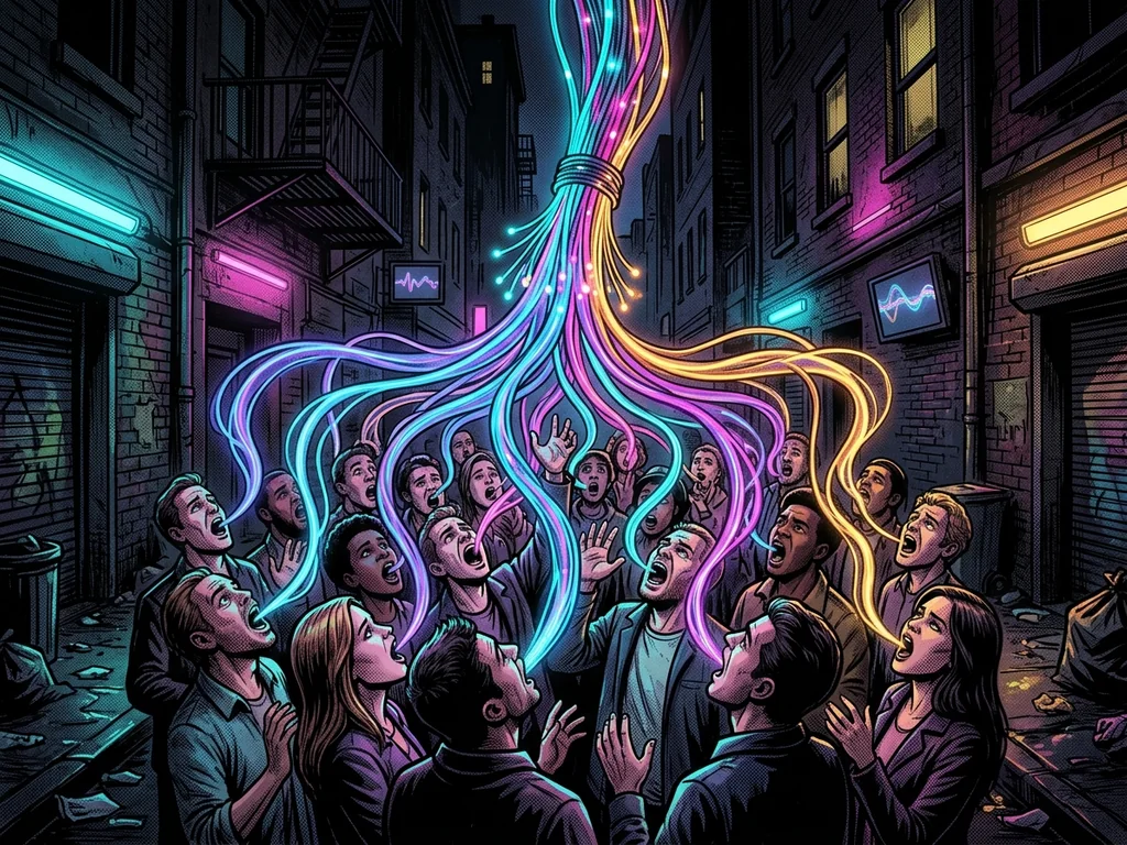 A crowd of people with open mouths whose glowing voice sound-waves are being sucked upward into a thick glowing fiber-optic cable