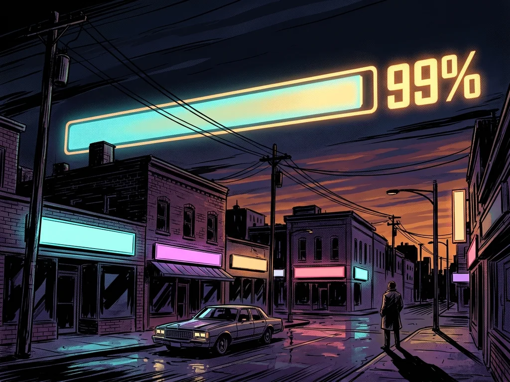 The Canton, Ohio skyline at dawn with a giant glowing progress bar stretched across the sky, nearly full at 99%