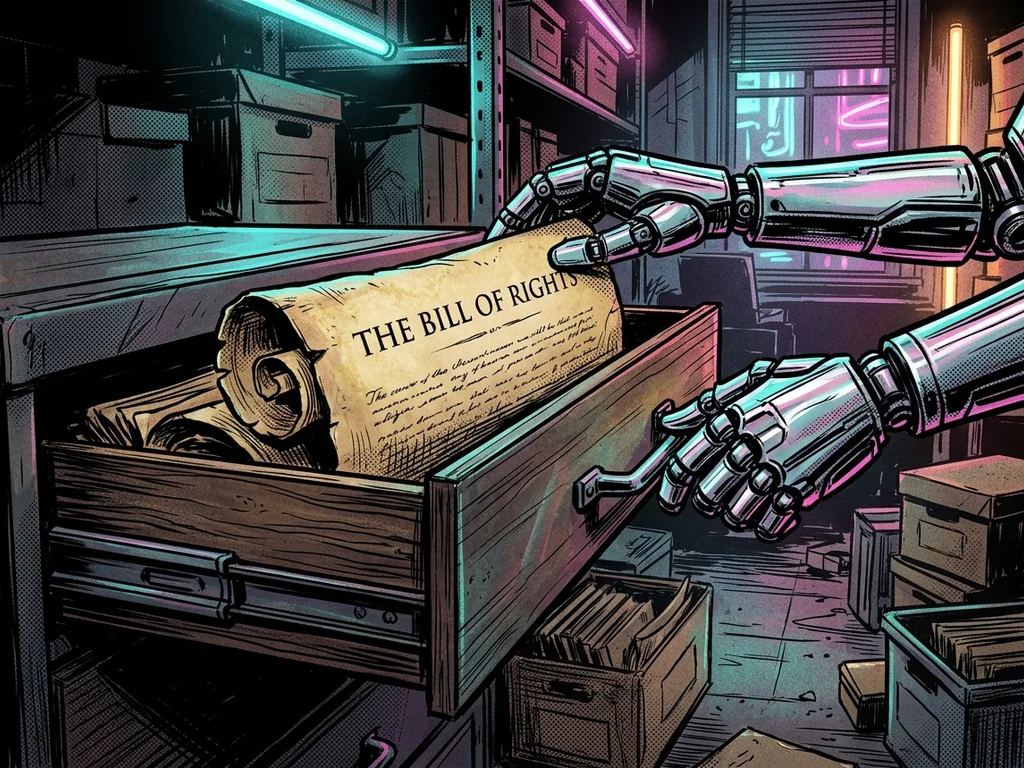 The Bill of Rights parchment scroll being tucked into a long wooden museum archive drawer by chrome robot hands