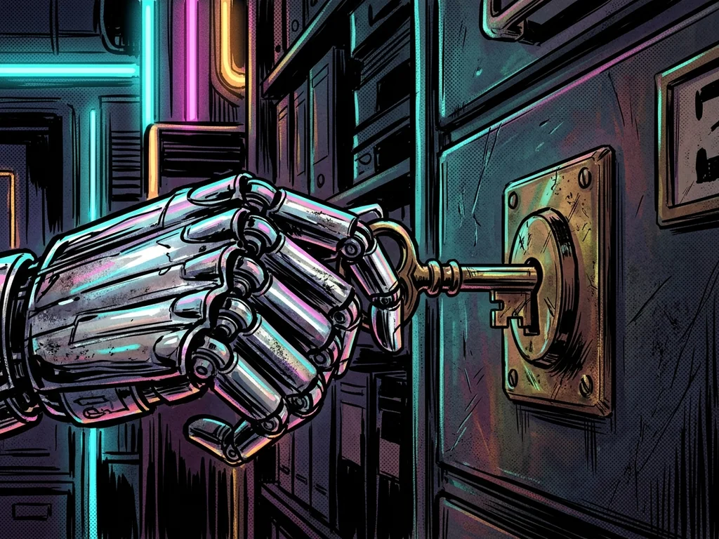 A chrome robot hand turning a brass key in the lock of a museum archive drawer, close-up