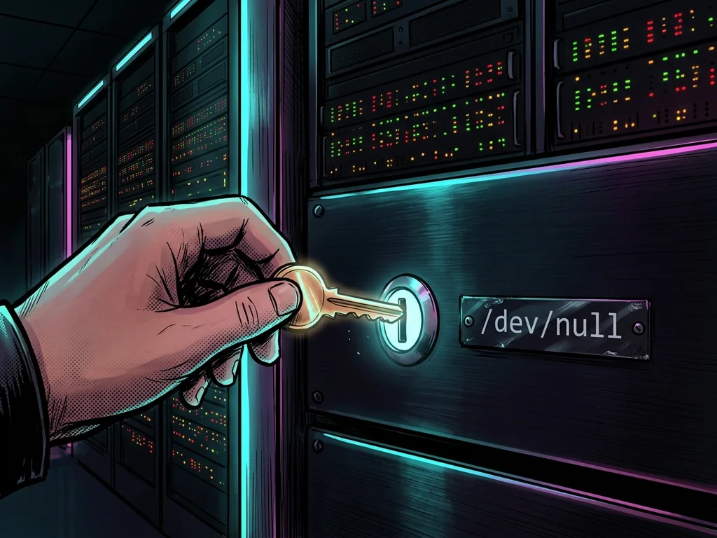A glowing brass key being dropped into a glowing slot on a black server panel labeled '/dev/null'