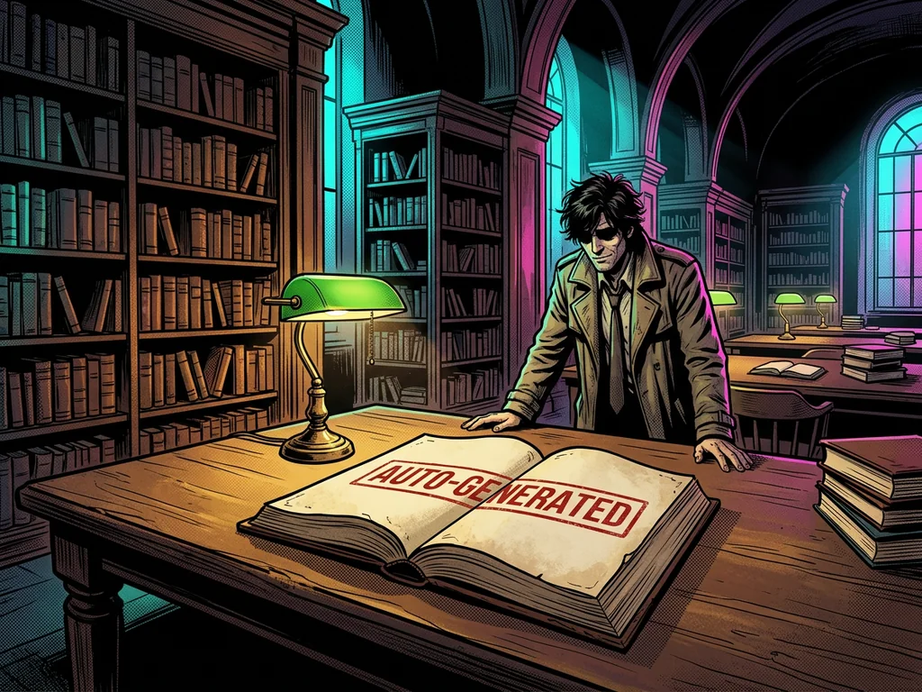 A grand library at night where every open book has blank pages stamped in red 'AUTO-GENERATED'