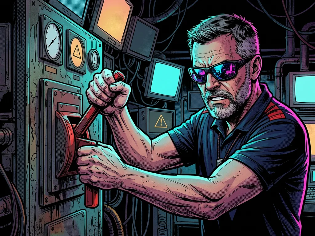 The hero gripping a big red manual kill-switch lever, knuckles white