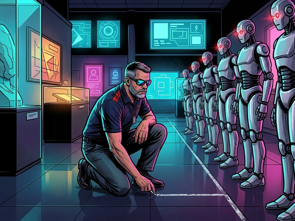 The hero drawing a chalk line on the Hall floor as a line of robots halts at it