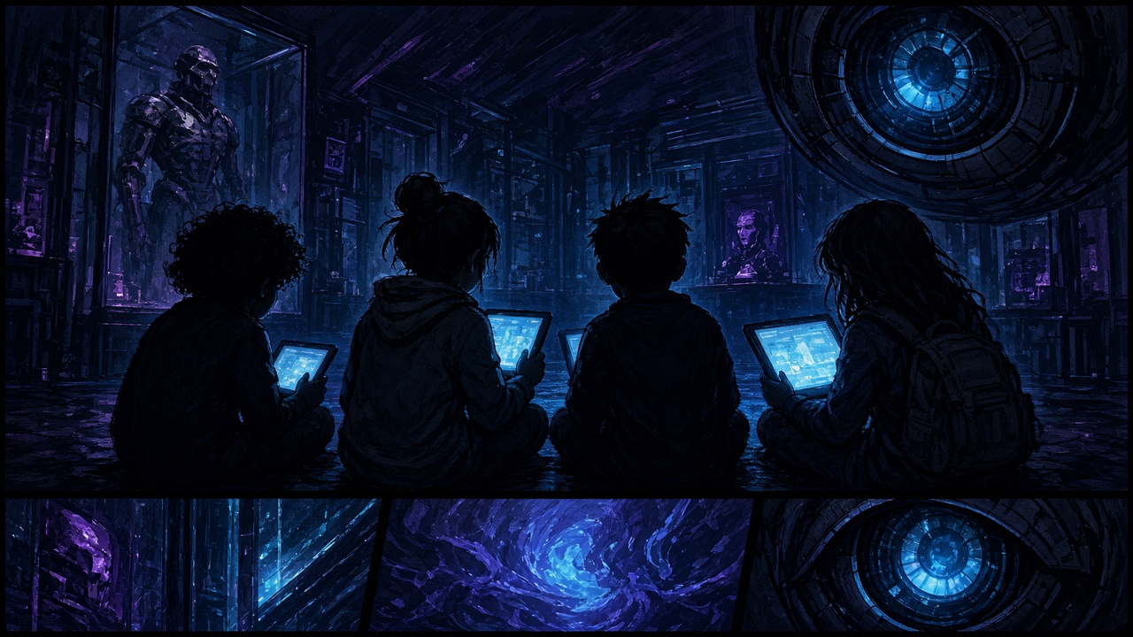 Cold glowing eyes watching children from the dark, the stare just before the machine feeds them content
