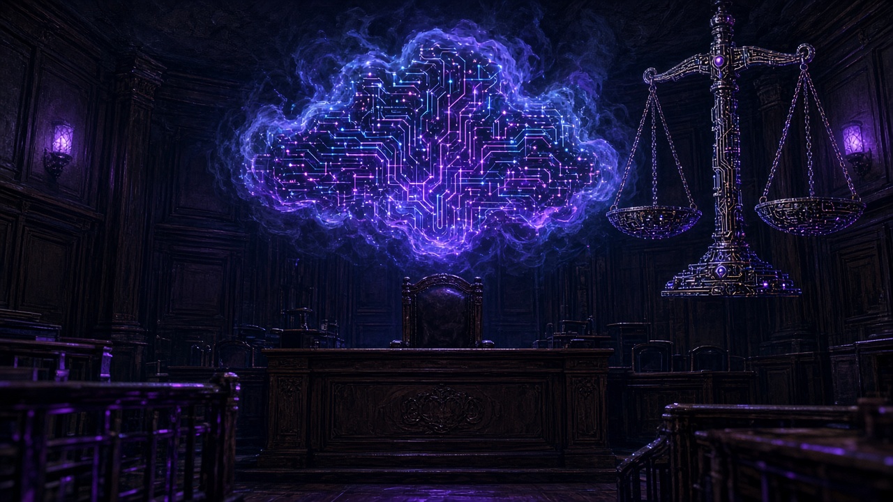 An empty judge's bench with code hanging in a cloud where a person should sit
