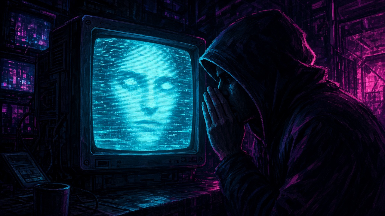 A glowing screen in a dark room whispering sweet promises, the deceit still waiting off to the side