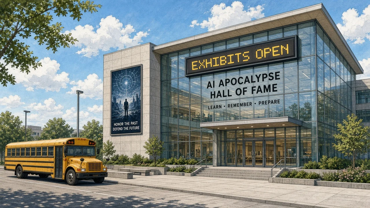 Pristine AI Apocalypse Hall of Fame storefront on opening day, its LED marquee reading EXHIBITS OPEN