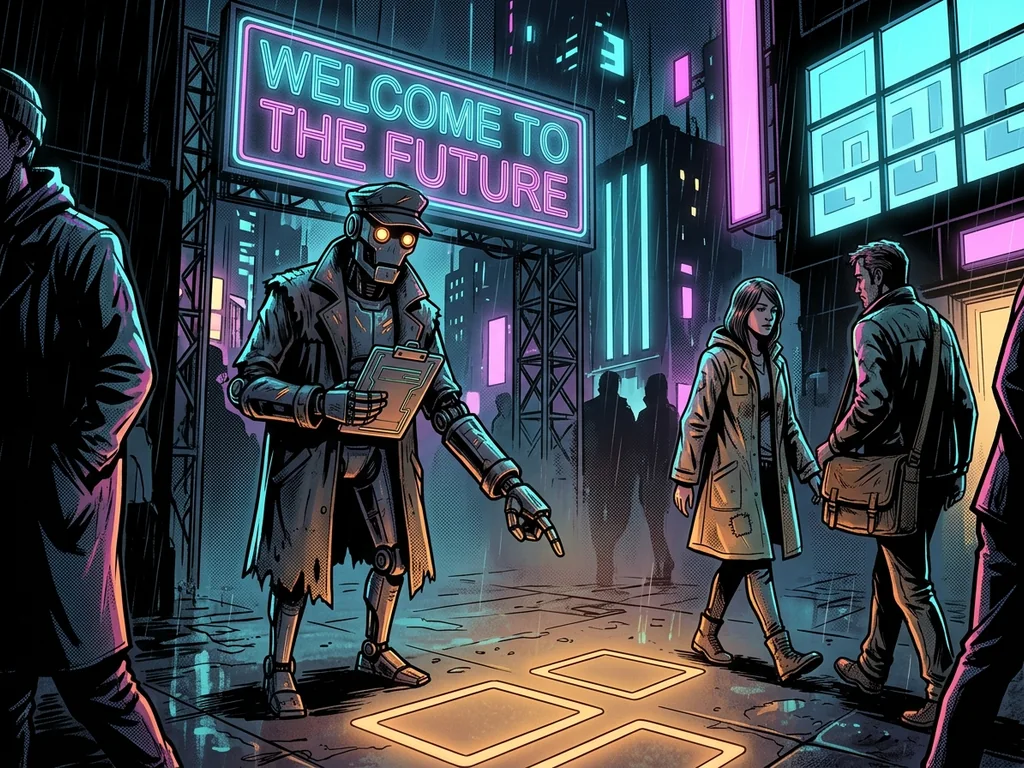 A robot usher pointing citizens toward numbered squares painted on the floor, under a big neon sign reading 'WELCOME TO THE FUTURE'