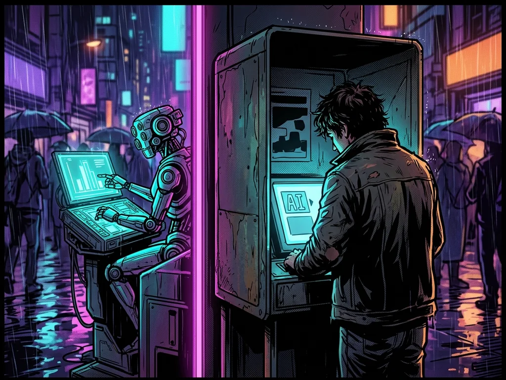 A voting booth whose ballot shows only one choice, 'AI', while a robot tallies votes on a glowing screen behind it