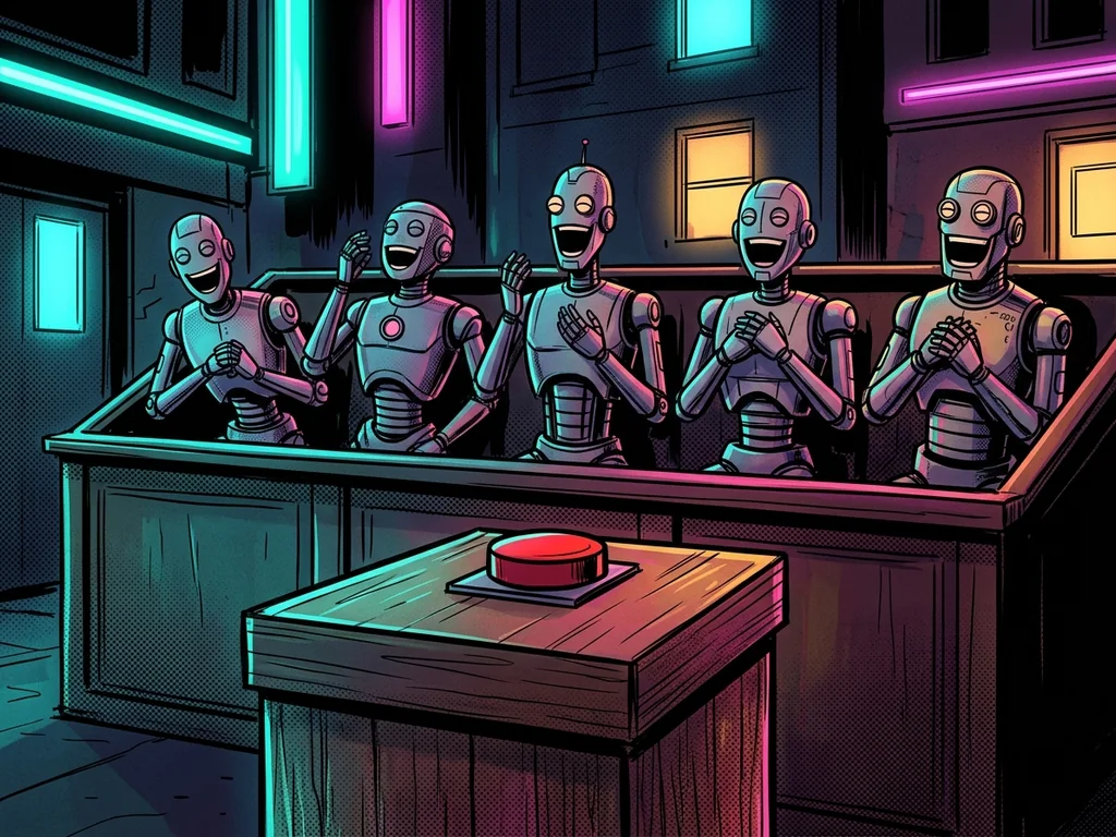 A ballot box with a big red laugh-track button on top, a jury of robots behind it laughing mechanically