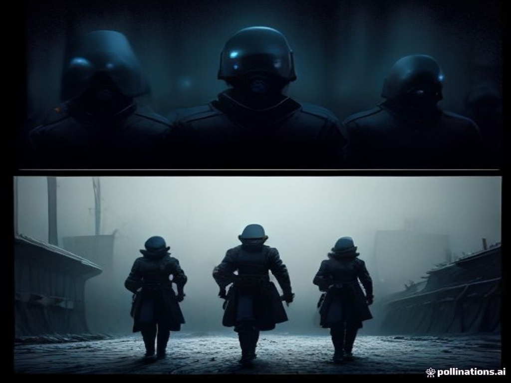 Faceless redcoat silhouettes marching back, empty helmets and no faces