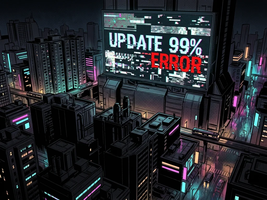 A giant city screen at night showing 'UPDATE 99%' glitching into red 'ERROR' as the city lights below go out block by block