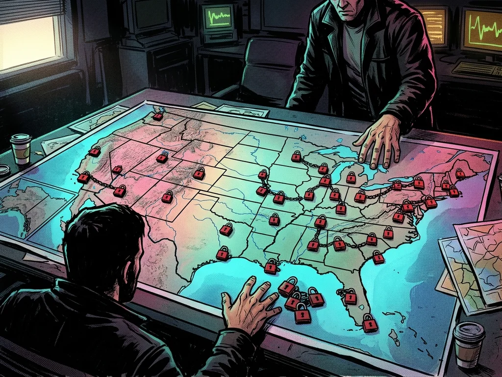 US map with red padlocks spreading at dawn