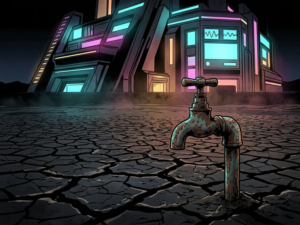 Cracked blackened lakebed with a lone rusty faucet, data-center glow behind