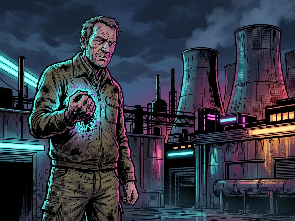 Farmer holding a fistful of black glowing soil, cooling towers behind