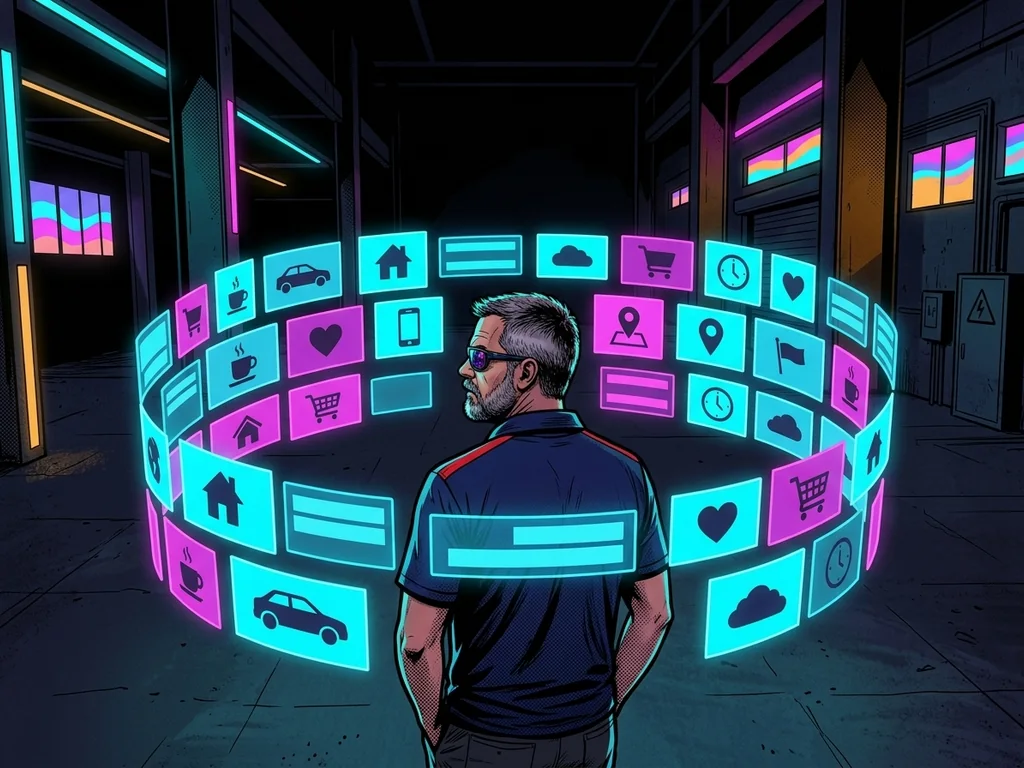 The hero seen from behind, ringed by floating holographic panels cataloguing his life: home, car, coffee, phone, shopping and map pins