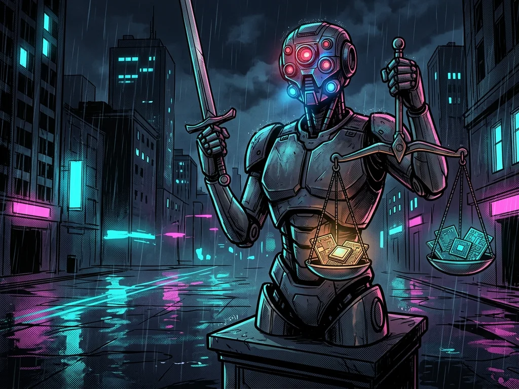 Lady Justice statue replaced by a robot with scanner eyes, scales holding microchips