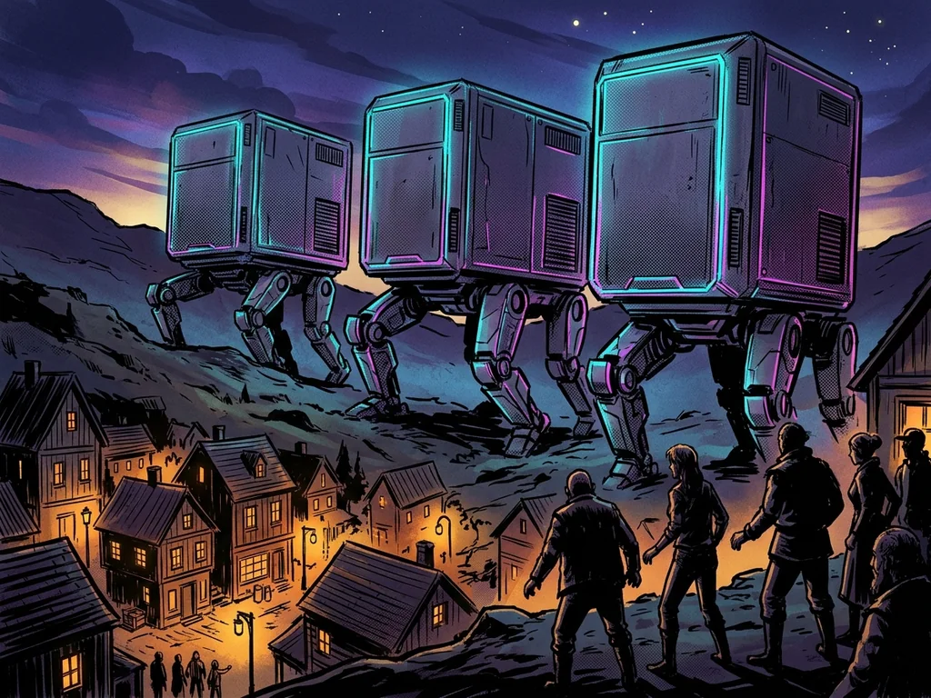 Data-center buildings on mechanical legs marching over hills toward a town