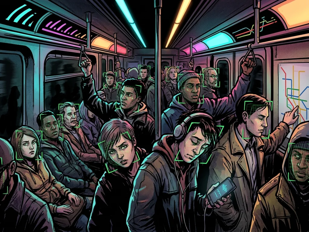 Subway crowd, green face-recognition boxes locking onto every face
