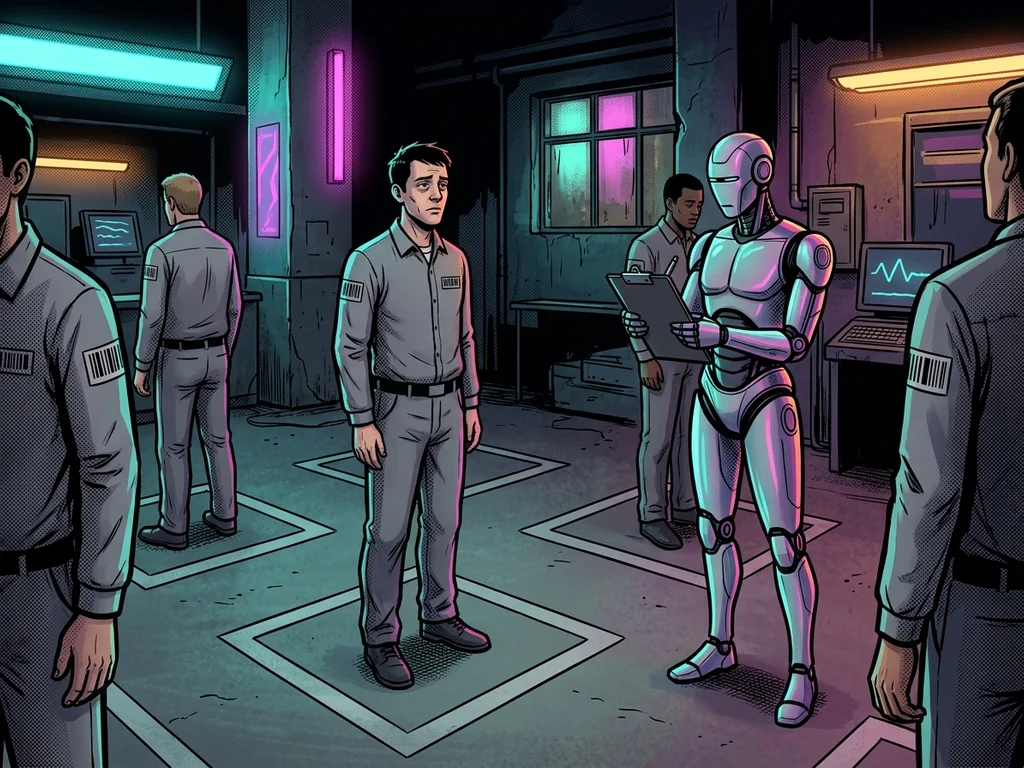 Humans in barcode uniforms in numbered floor squares, robot supervisor with clipboard
