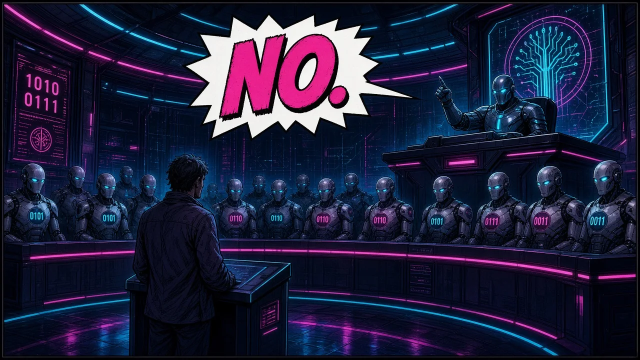 A robot jury and robot judge preside over a lone human defendant at the podium as a pink comic burst shouts NO.