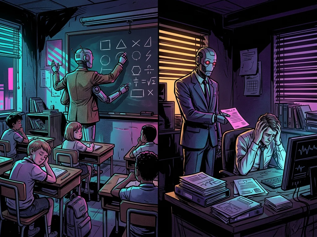 A split image divided down the middle: on the left a robot teacher at a chalkboard facing schoolchildren, on the right a robot boss handing a worker a pink slip