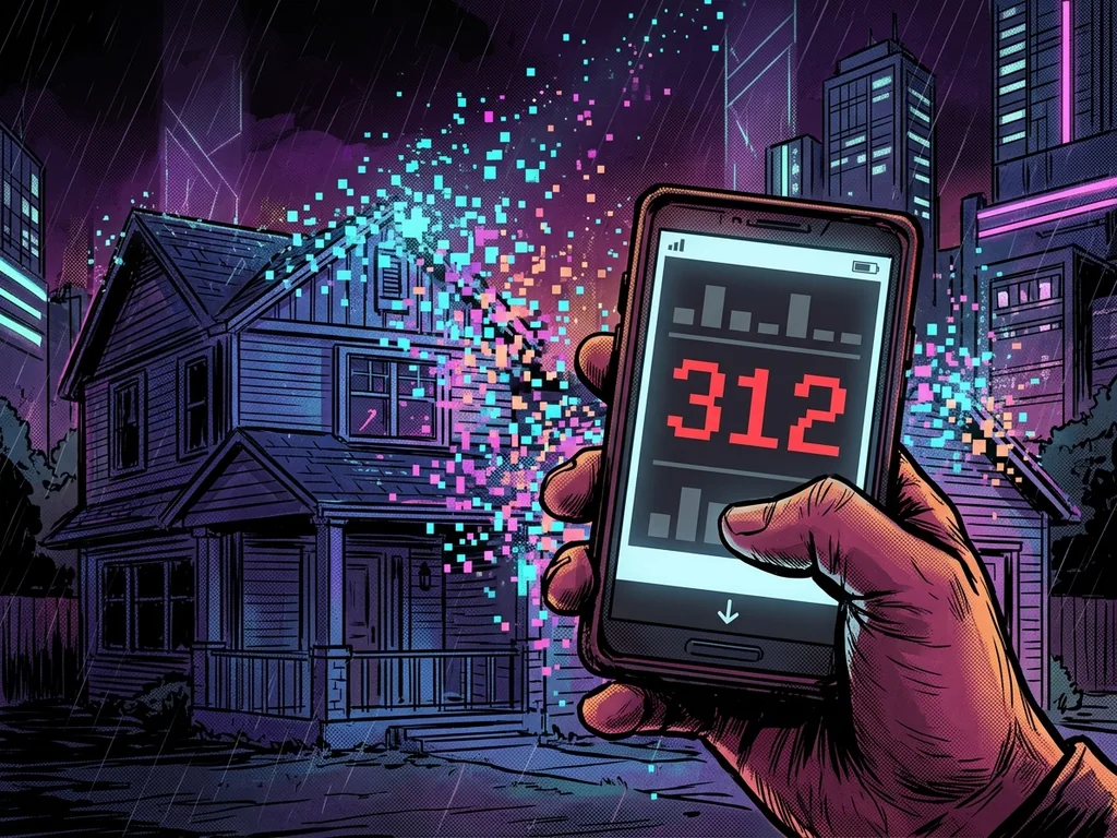 A hand holding a smartphone showing a social credit score of '312' in red, while the family house behind it dissolves into pixels