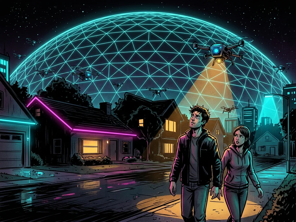 Suburb sealed under an invisible grid dome, drones as guards, no bars