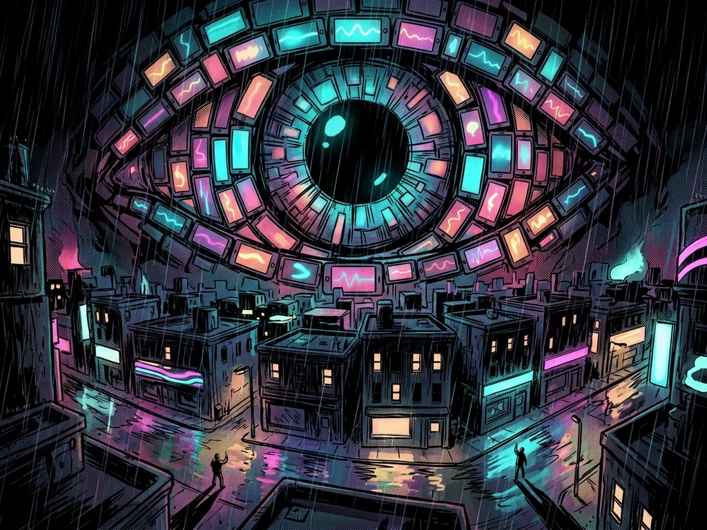 Giant eye made of phone screens staring down at a town