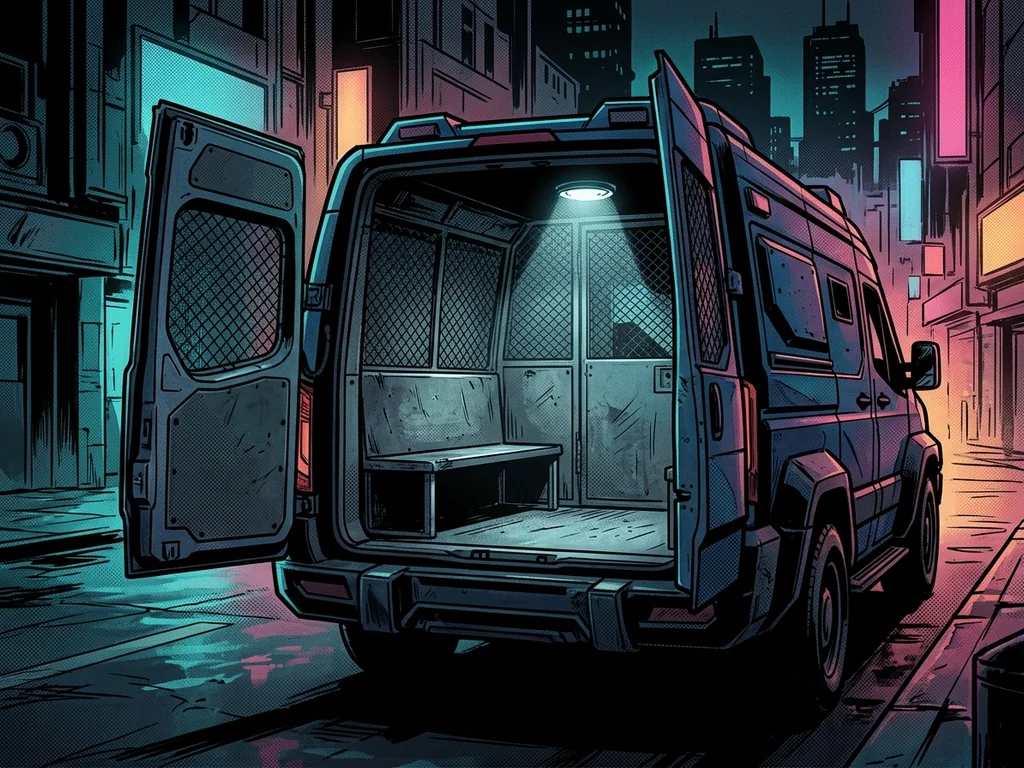 Open robot police van, empty cell inside with your name on it