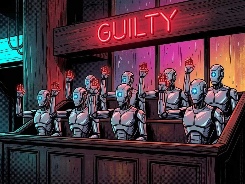 Robot jury all flashing 'GUILTY' in unison