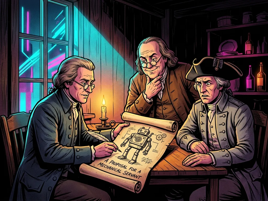 America's founders in colonial clothes at a candlelit table studying an old scroll with a drawing of a robot on it