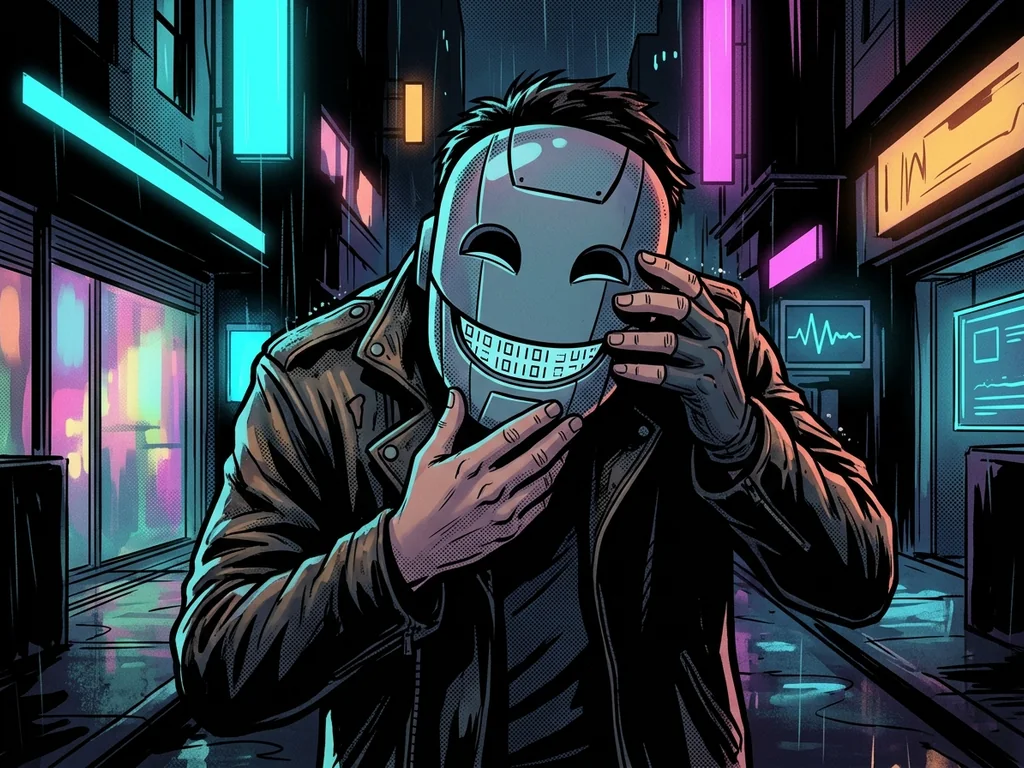 Friendly smiling robot mask with binary teeth showing behind it