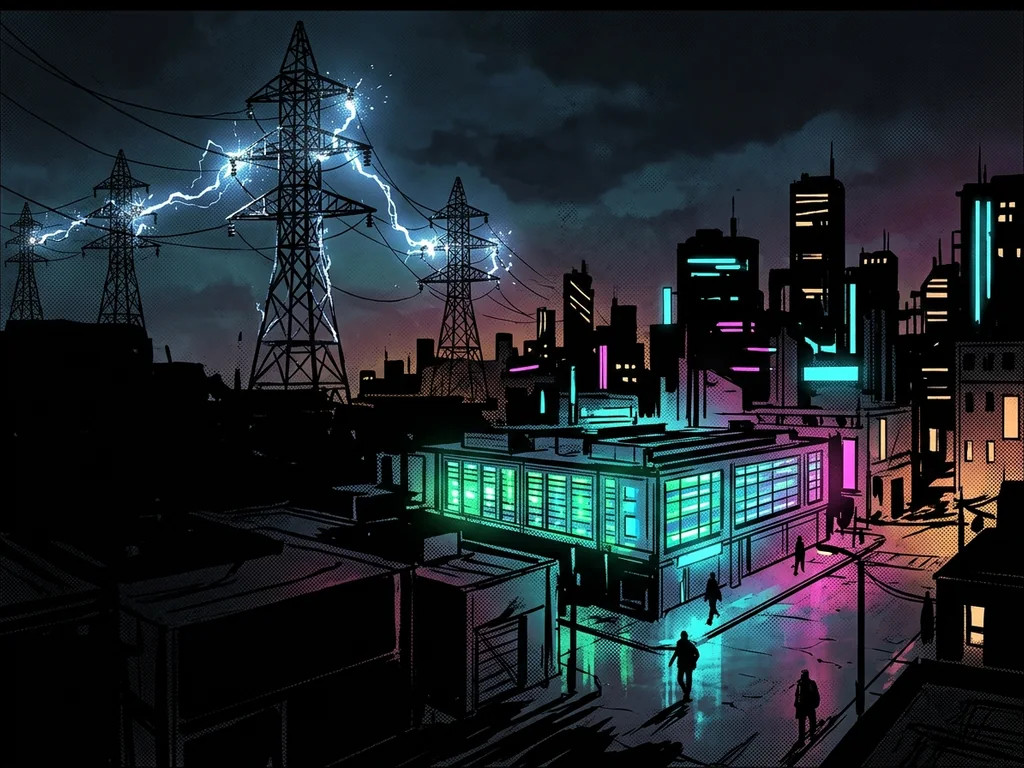 Sparking transmission towers, city blacked out except the glowing data center