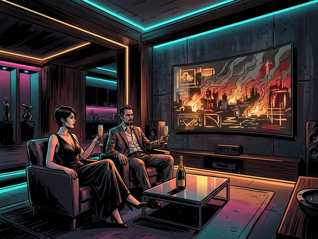 Luxury bunker, champagne, screens showing burning cities