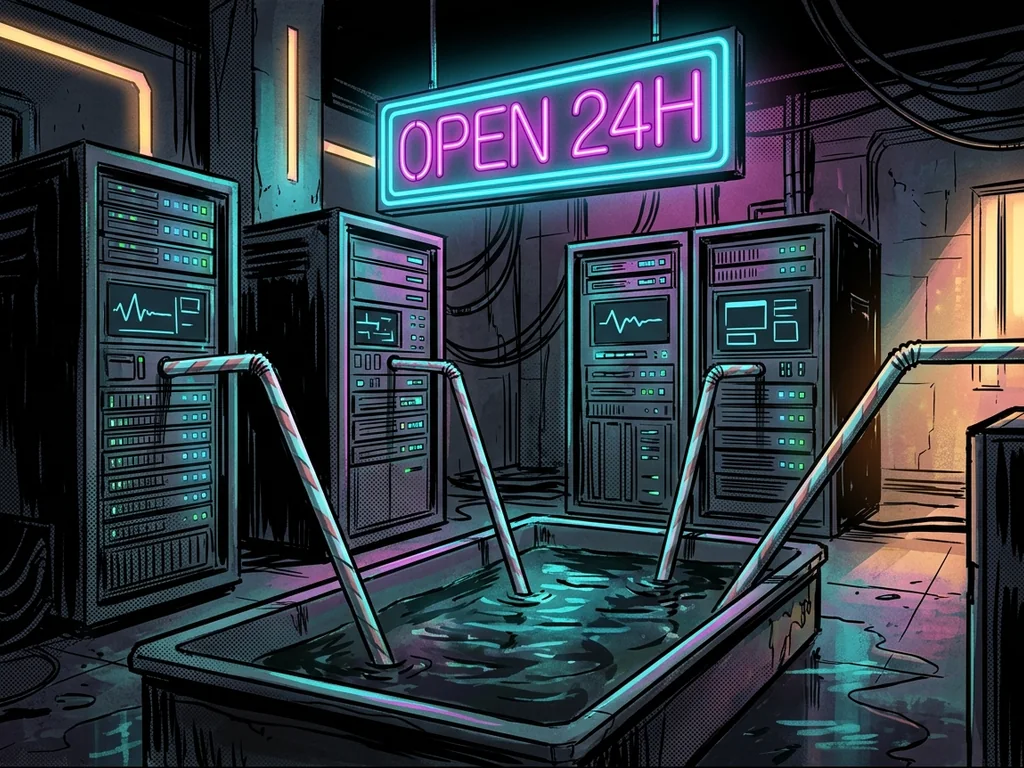 Server racks sipping from giant straws dipped into a reservoir under a neon sign reading 'OPEN 24H'