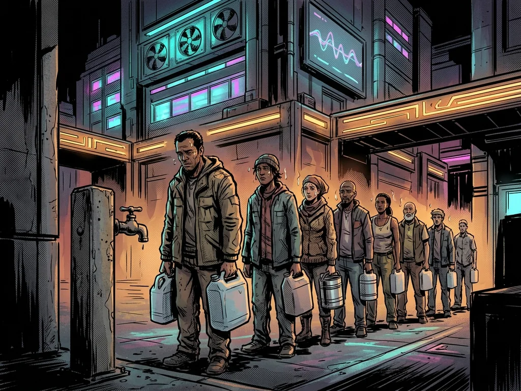 Line of people with empty jugs at a dry tap, heat haze, data center behind