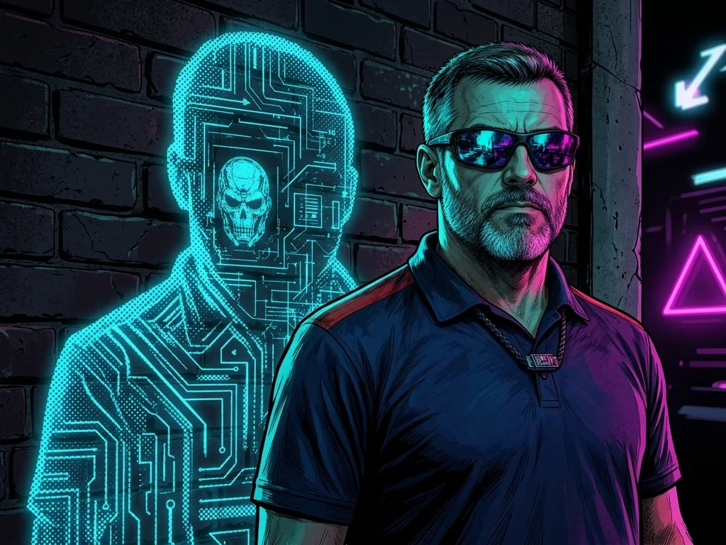 The hero standing against a brick wall at night, but his wall shadow has been replaced by a glowing cyan silhouette made of data and code