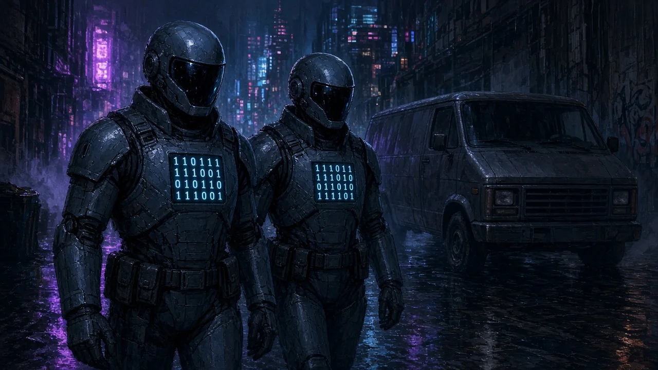 Two armored robot police officers with glowing binary chest panels beside a dark van on a rain-soaked night street