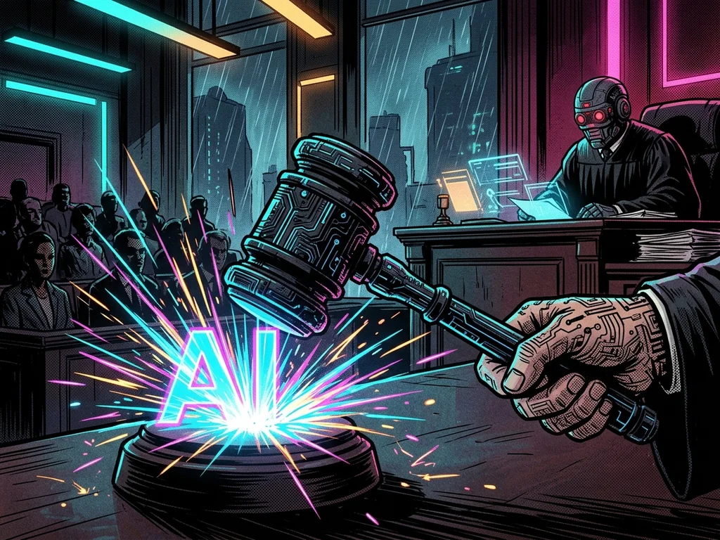 A circuit-board gavel slamming down onto a sound block, sparks bursting out in the shape of the letters 'AI'