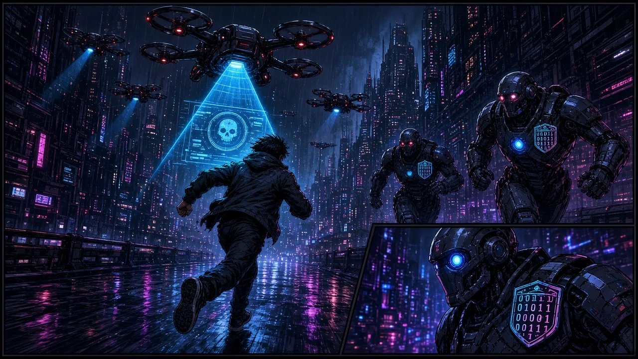 A lone runner fleeing through a rain-soaked neon street as a swarm of surveillance drones hunts him