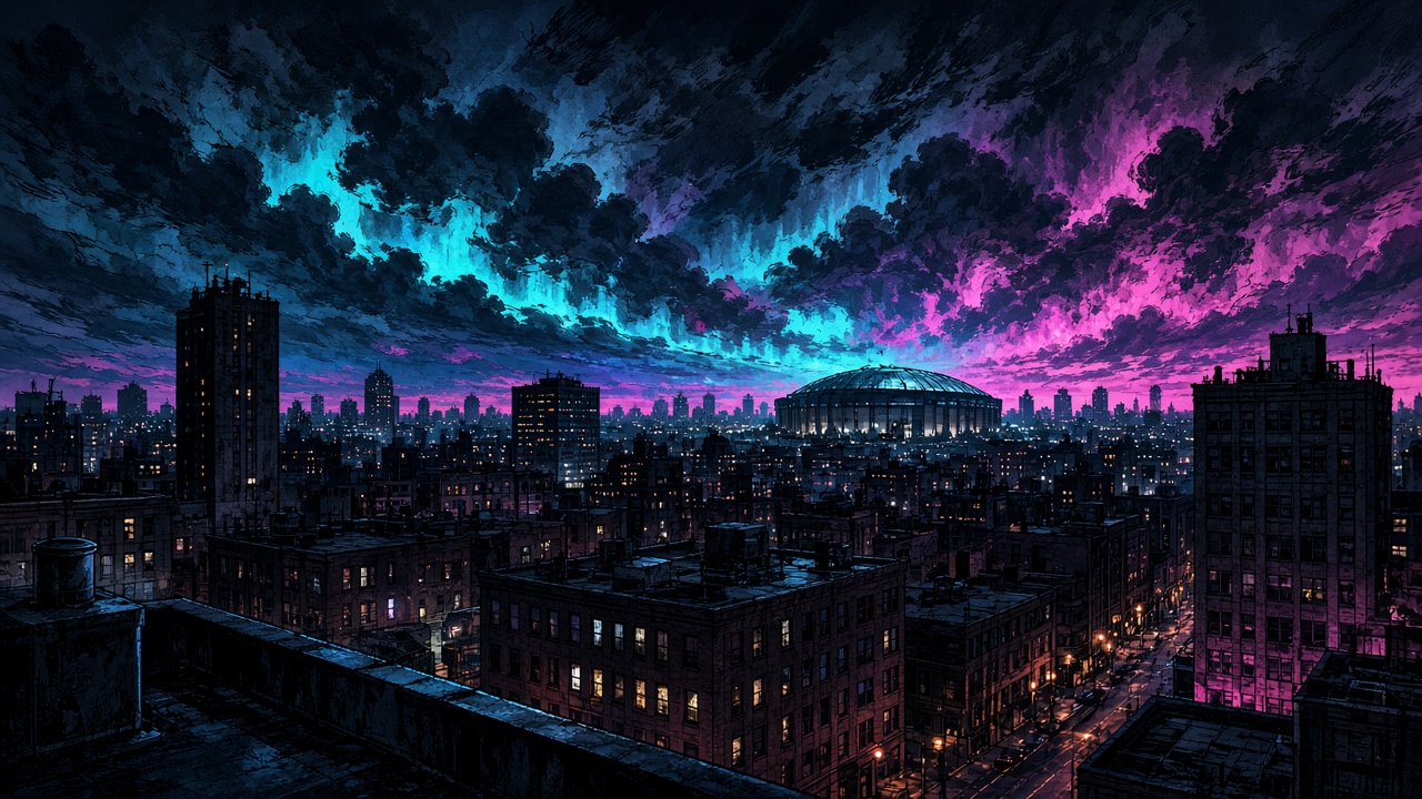 Night skyline over Canton, Ohio — neon haze above Main Avenue